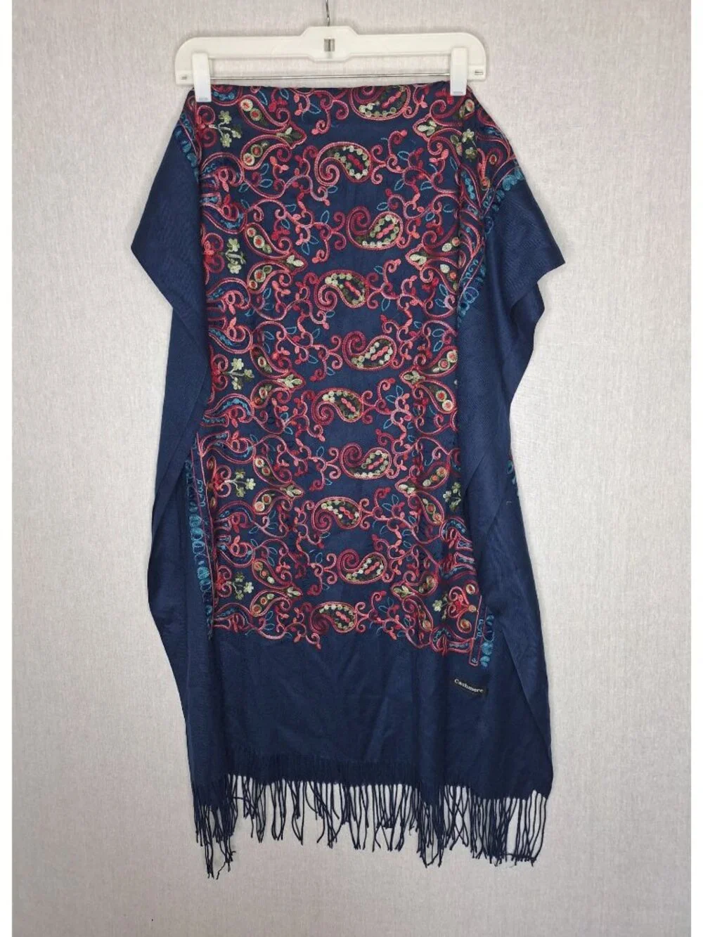 💙 Cashmere Label Oversized Navy Embroidered Paisley Pashmina Scarf Shawl Fringe